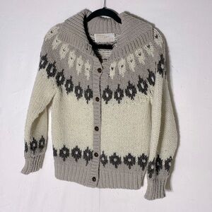 Vintage Zellers Folklorique Cream Beige Fair Isle Button Front Knit Cardigan S